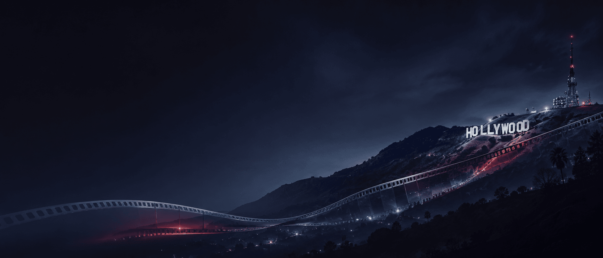 A glowing film strip winding through the Hollywood Hills toward the Hollywood sign at night